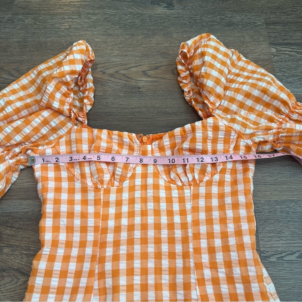 Orange Gingham Puff Sleeve Mini Dress Size Small Sweetheart Neck Boho Summer - Picture 9 of 9
